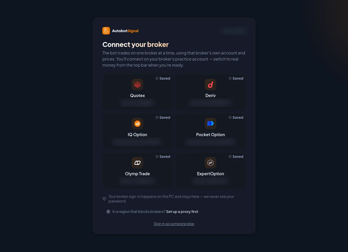The Brokers screen before any broker is connected: one card per broker, each showing whether your plan unlocks it