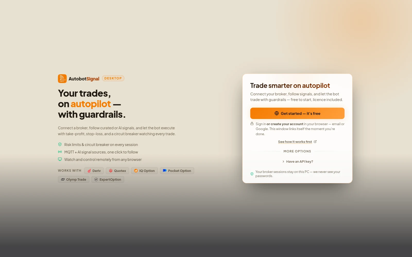 The desktop app's sign-in screen: Get started, or sign in with the account you created on the website